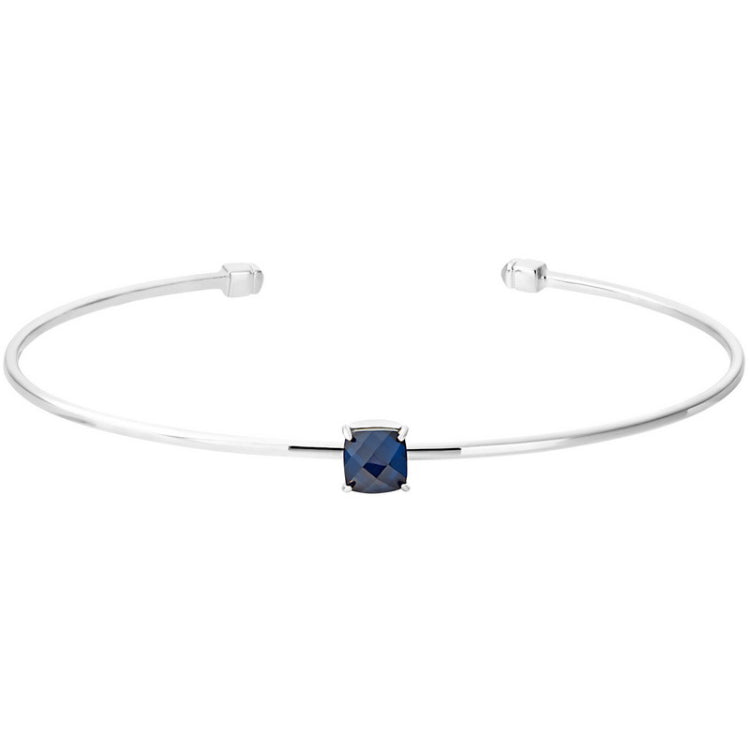 Rhodium Finish Sterling Silver Pliable Cuff Bracelet  Faceted Cushion Cut Simulated Sapphire Birth 