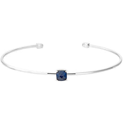 Rhodium Finish Sterling Silver Pliable Cuff Bracelet  Faceted Cushion Cut Simulated Sapphire Birth 