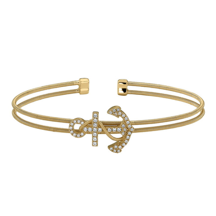Gold finish sterling silver two cable anchor cuff bracelet bracelet with simulated diamonds