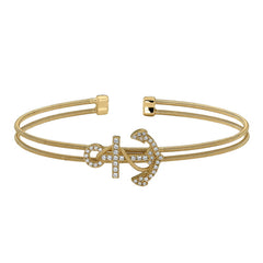Gold finish sterling silver two cable anchor cuff bracelet bracelet with simulated diamonds
