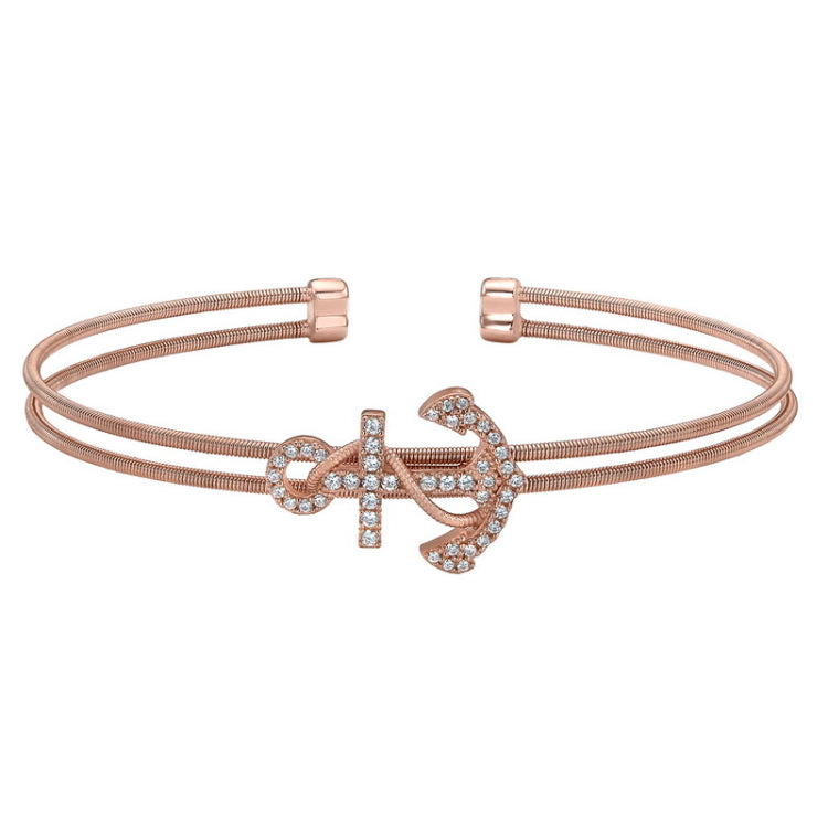 Rose gold finish sterling silver two cable anchor cuff bracelet bracelet with simulated diamonds