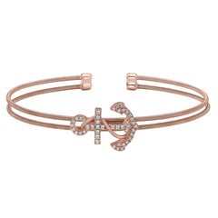 Rose gold finish sterling silver two cable anchor cuff bracelet bracelet with simulated diamonds