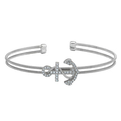 Rhodium finish sterling silver two cable anchor cuff bracelet bracelet with simulated diamonds