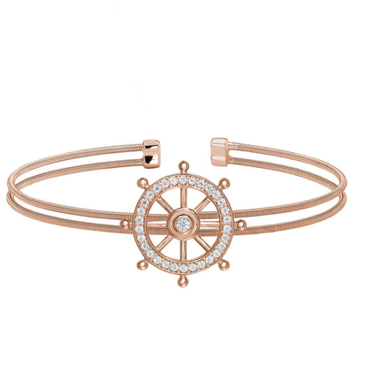 Rose Gold Finish Sterling Silver Two Cable Ships Wheel Cuff Bracelet Bracelet 
