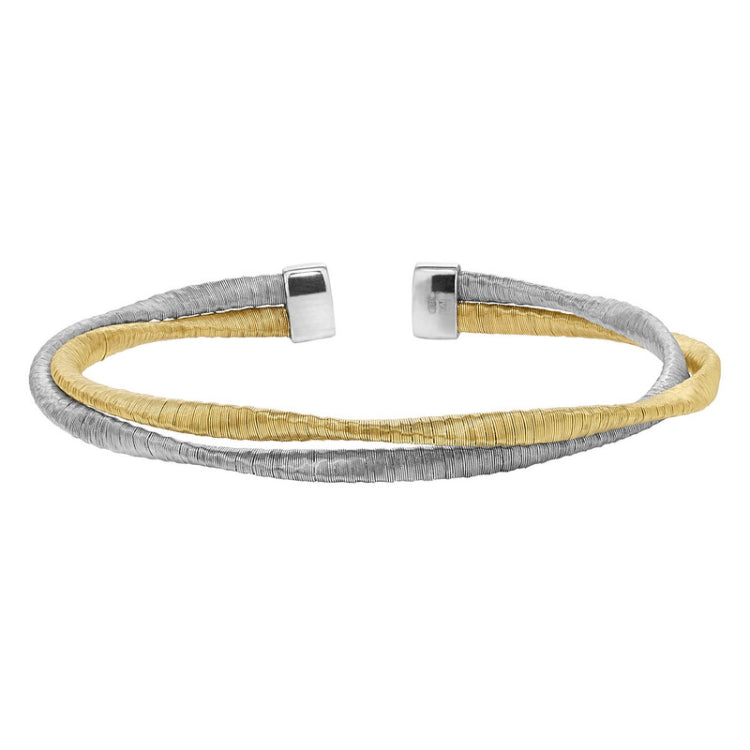 Rhodium Finish and Gold Finish Sterling Silver Loosely Twisted Two Cable Cuff Bracelet