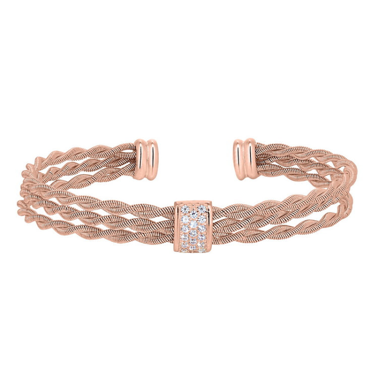 Rose gold finish sterling silver tightly twisted three cable cuff bracelet with central bar with simulated diamonds