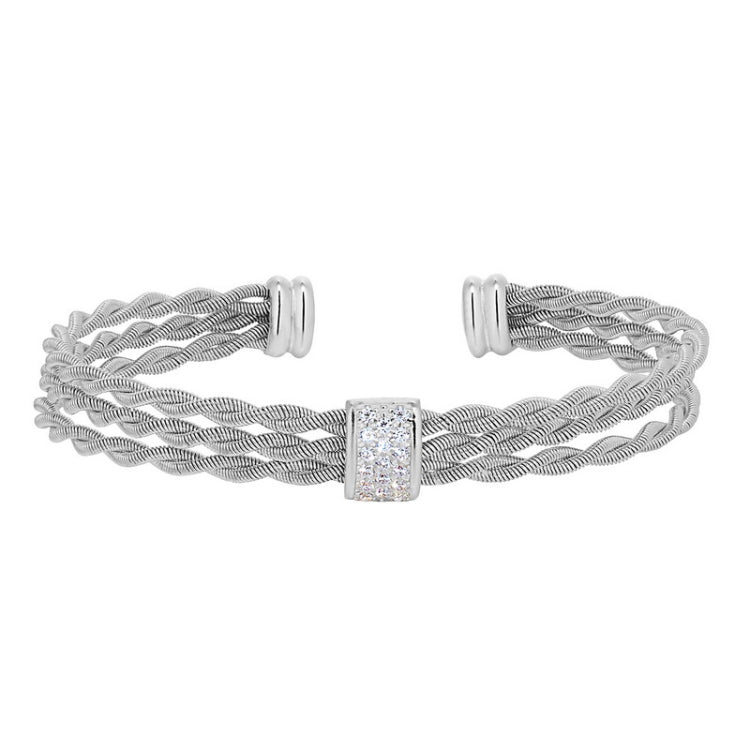 Rhodium finish sterling silver tightly twisted three cable cuff bracelet with central bar with simulated diamonds