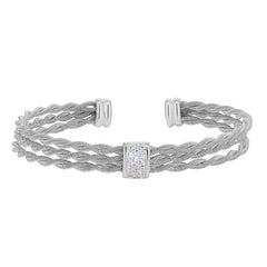 Rhodium finish sterling silver tightly twisted three cable cuff bracelet with central bar with simulated diamonds