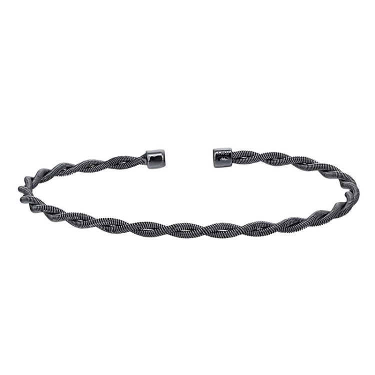 Black rhodium finish sterling silver thin tightly twisted cable cuff bracelet