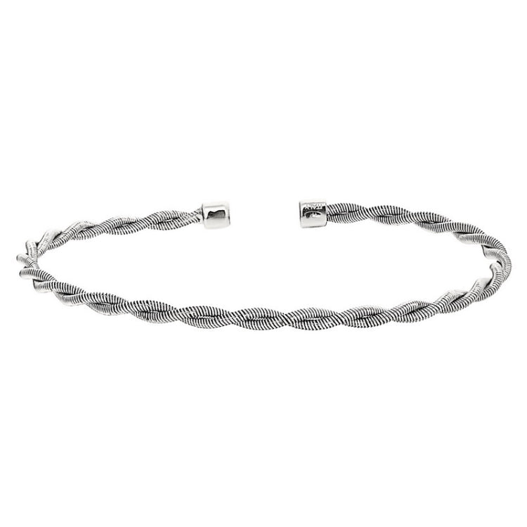 Rhodium finish sterling silver thin tightly twisted cable cuff bracelet