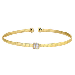 Gold Finish Sterling Silver Omega Cable Cuff Bracelet with Central Square with Simulated Diamonds