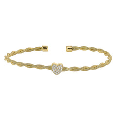 Gold finish sterling silver thin tightly twisted cable cuff bracelet with heart with simulated diamonds