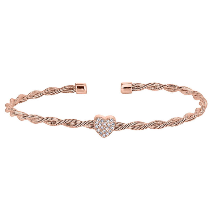 Rose gold finish sterling silver thin tightly twisted cable cuff bracelet with heart with simulated diamonds