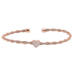 Rose gold finish sterling silver thin tightly twisted cable cuff bracelet with heart with simulated diamonds