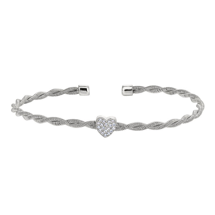 Rhodium finish sterling silver thin tightly twisted cable cuff bracelet with heart with simulated diamonds