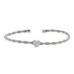 Rhodium finish sterling silver thin tightly twisted cable cuff bracelet with heart with simulated diamonds
