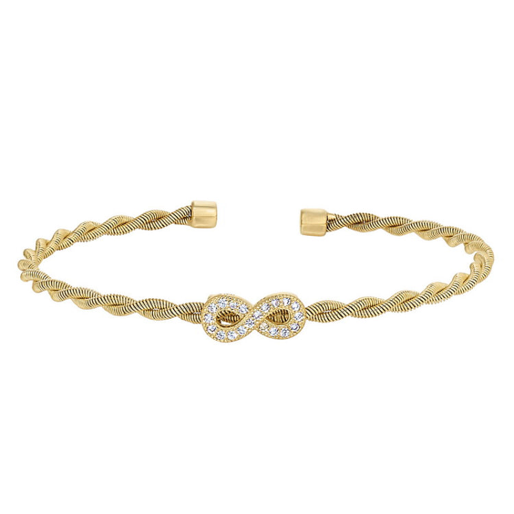 Gold finish sterling silver thin tightly twisted cable cuff bracelet with infinity with simulated diamonds