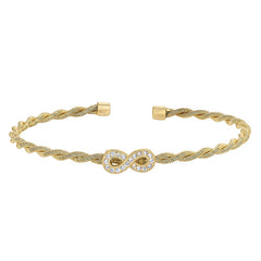 Gold finish sterling silver thin tightly twisted cable cuff bracelet with infinity with simulated diamonds