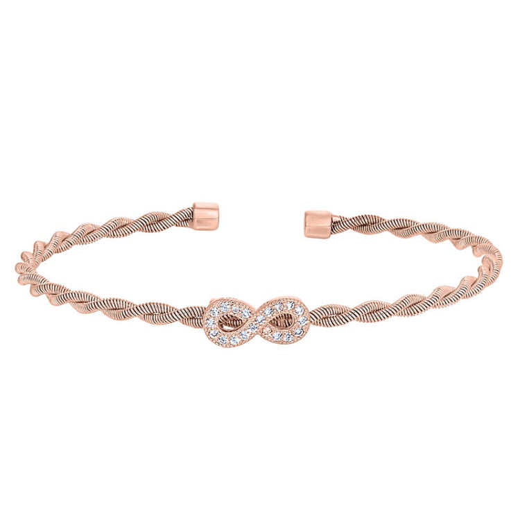 Rose gold finish sterling silver thin tightly twisted cable cuff bracelet with infinity with simulated diamonds