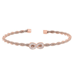Rose gold finish sterling silver thin tightly twisted cable cuff bracelet with infinity with simulated diamonds