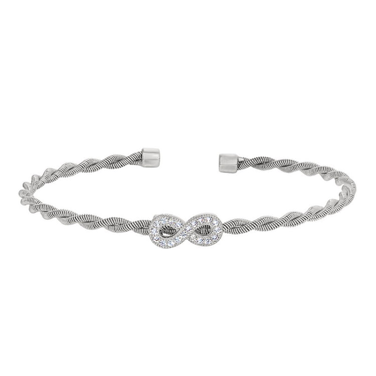 Rhodium finish sterling silver thin tightly twisted cable cuff bracelet with infinity with simulated diamonds