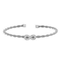 Rhodium finish sterling silver thin tightly twisted cable cuff bracelet with infinity with simulated diamonds