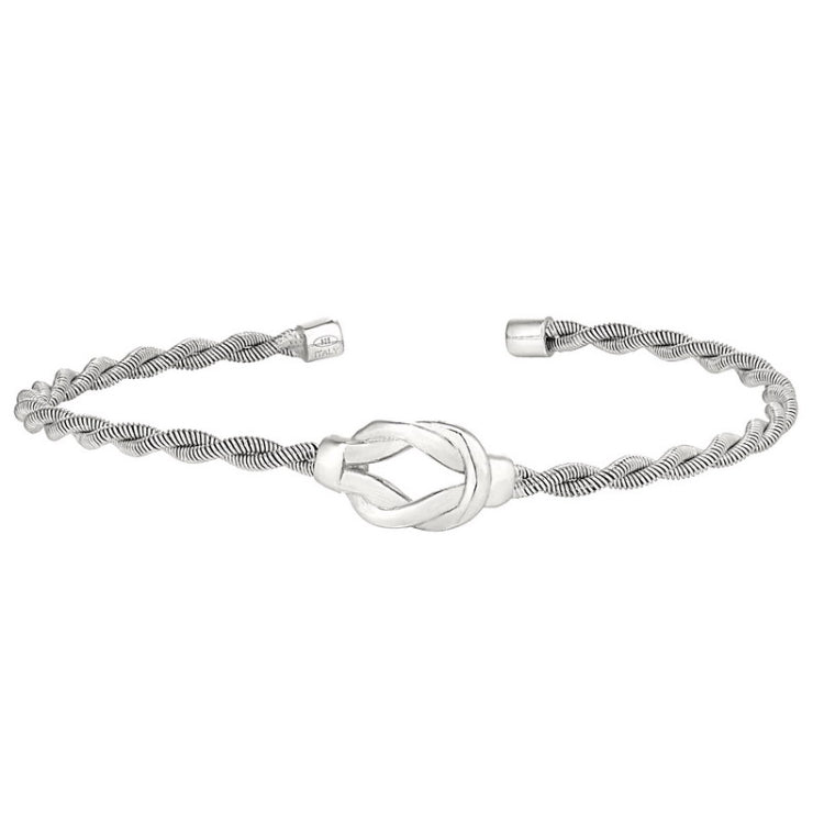 Rhodium Finish Sterling Silver Thin Tightly Twisted Cable Cuff Bracelet with Central Open Knot