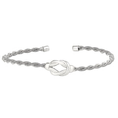 Rhodium Finish Sterling Silver Thin Tightly Twisted Cable Cuff Bracelet with Central Open Knot