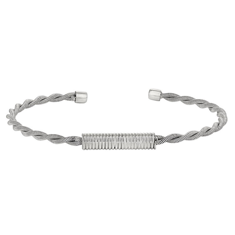 Rhodium Finish Sterling Silver Tightly Twisted Cable Cuff Bracelet with Central Twisted Coil