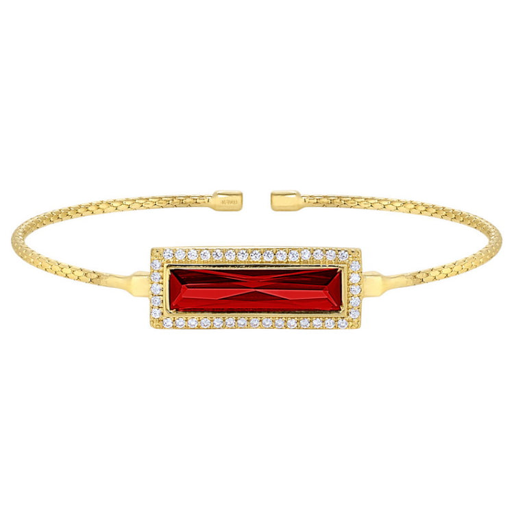 Gold finish sterling silver cable cuff bracelet with rectangular simulated garnet stone and simulated diamonds