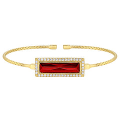 Gold finish sterling silver cable cuff bracelet with rectangular simulated garnet stone and simulated diamonds