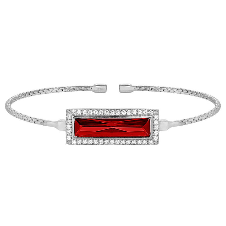 Rhodium finish sterling silver cable cuff bracelet with rectangular simulated garnet stone and simulated diamonds