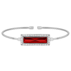 Rhodium finish sterling silver cable cuff bracelet with rectangular simulated garnet stone and simulated diamonds