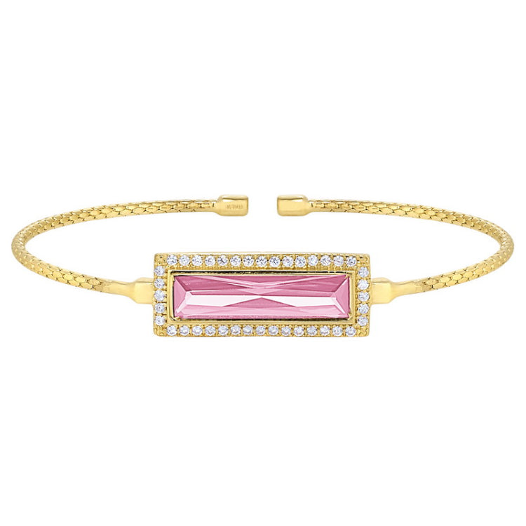 Gold finish sterling silver cable cuff bracelet with rectangular simulated pink sapphire stone and simulated diamonds