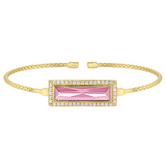 Gold finish sterling silver cable cuff bracelet with rectangular simulated pink sapphire stone and simulated diamonds