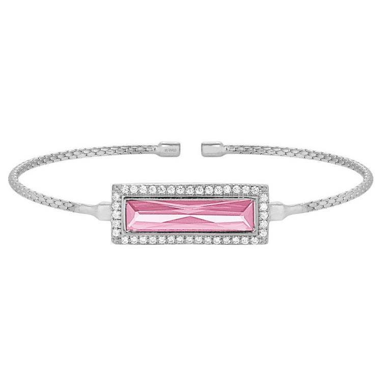 Rhodium finish sterling silver cable cuff bracelet with rectangular simulated pink sapphire stone and simulated diamonds