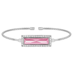 Rhodium finish sterling silver cable cuff bracelet with rectangular simulated pink sapphire stone and simulated diamonds
