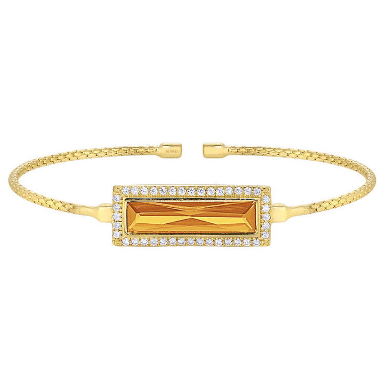 Gold finish sterling silver cable cuff bracelet with rectangular simulated citrine stone and simulated diamonds