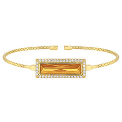 Gold finish sterling silver cable cuff bracelet with rectangular simulated citrine stone and simulated diamonds