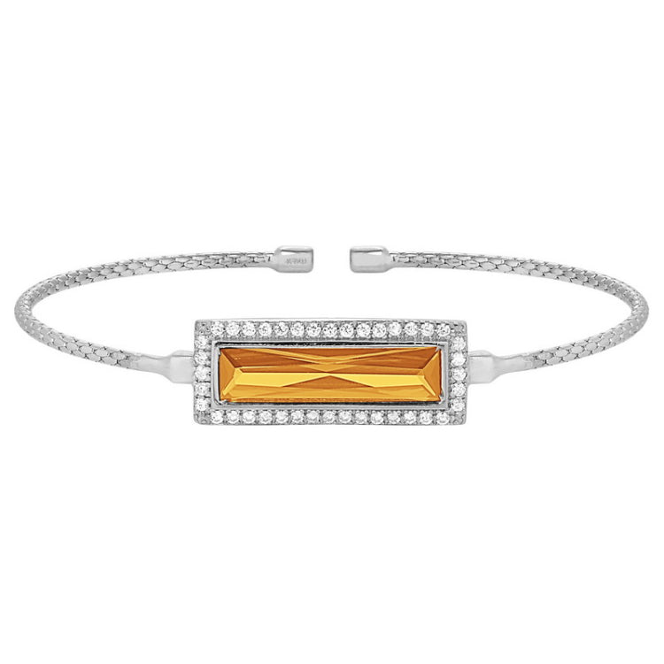 Rhodium finish sterling silver cable cuff bracelet with rectangular simulated citrine stone and simulated diamonds