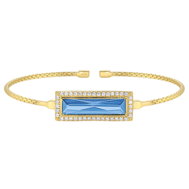 Gold finish sterling silver cable cuff bracelet with rectangular simulated blue topaz stone and simulated diamonds