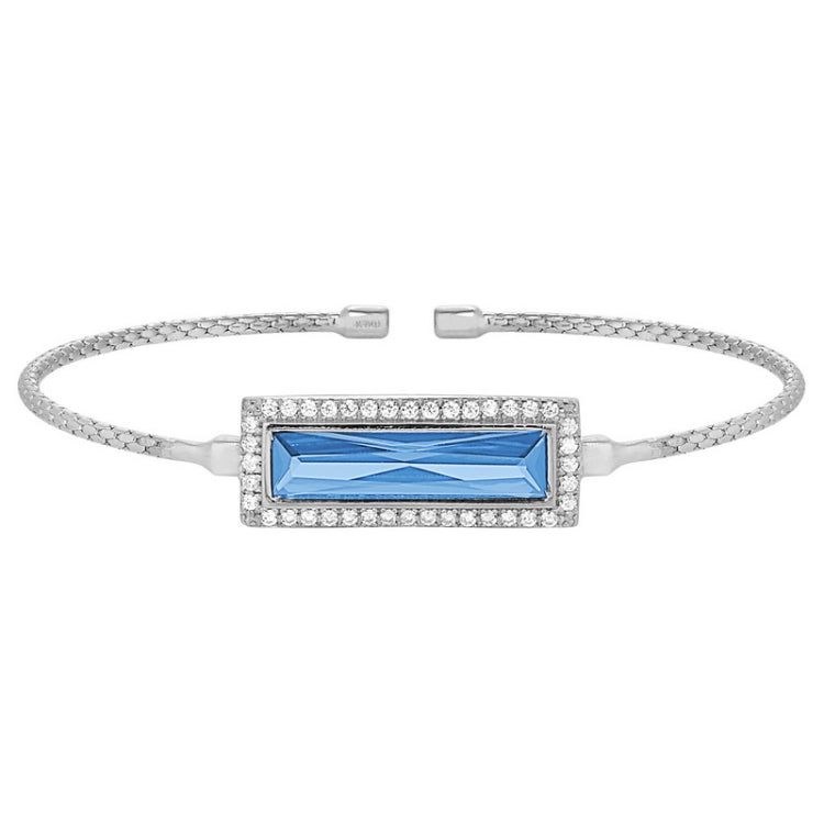 Rhodium finish sterling silver cable cuff bracelet with rectangular simulated blue topaz stone and simulated diamonds