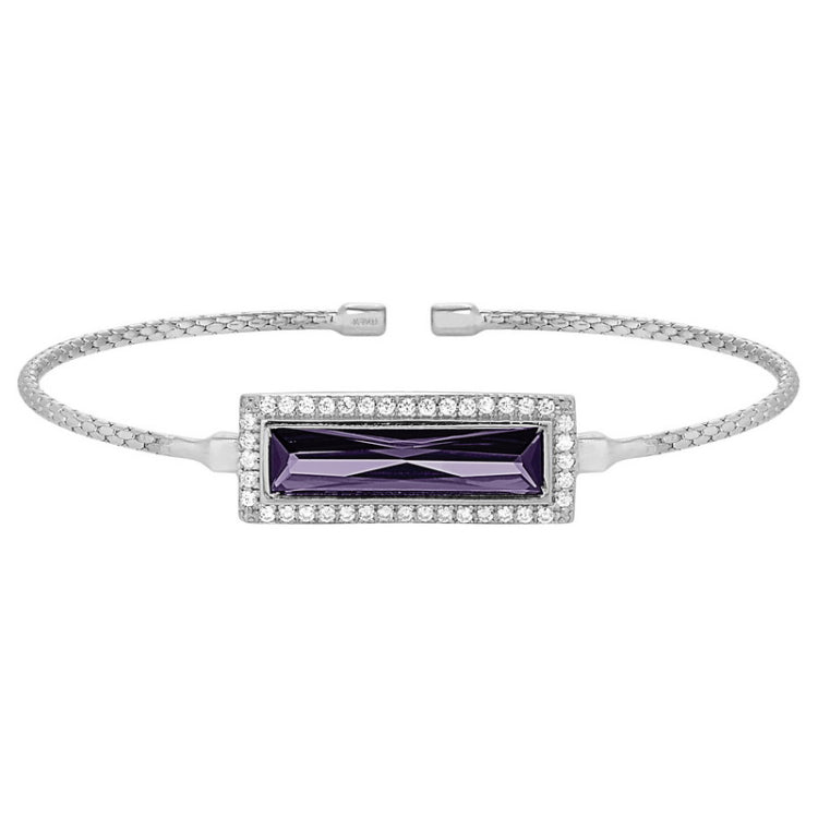 Rhodium finish sterling silver cable cuff bracelet with rectangular simulated amethyst stone and simulated diamonds