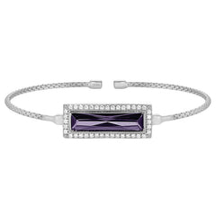 Rhodium finish sterling silver cable cuff bracelet with rectangular simulated amethyst stone and simulated diamonds