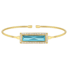 Gold finish sterling silver cable cuff bracelet with rectangular simulated aquamarine stone and simulated diamonds