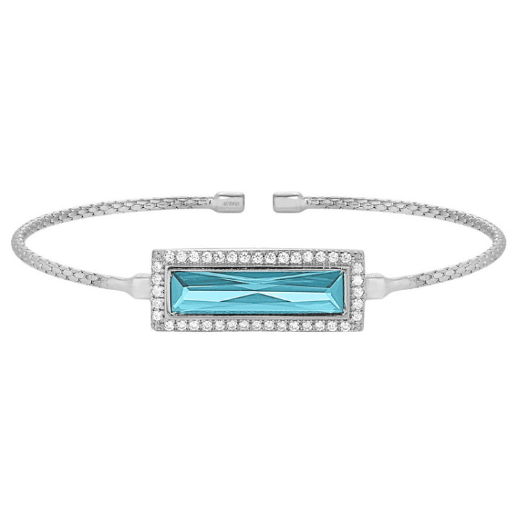 Rhodium finish sterling silver cable cuff bracelet with rectangular simulated aquamarine stone and simulated diamonds