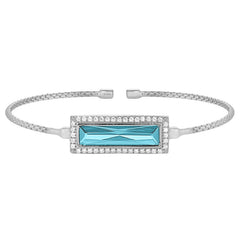 Rhodium finish sterling silver cable cuff bracelet with rectangular simulated aquamarine stone and simulated diamonds