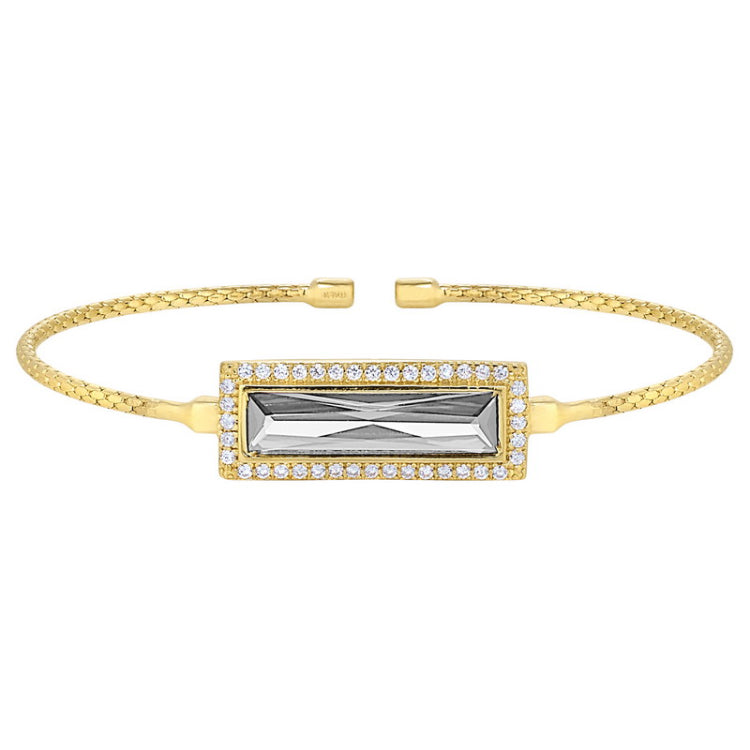 Gold finish sterling silver cable cuff bracelet with rectangular simulated diamomd stone and simulated diamonds