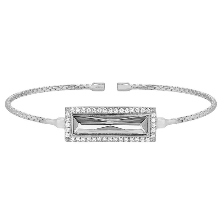 Rhodium finish sterling silver cable cuff bracelet with rectangular simulated diamond stone and simulated diamonds
