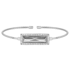 Rhodium finish sterling silver cable cuff bracelet with rectangular simulated diamond stone and simulated diamonds